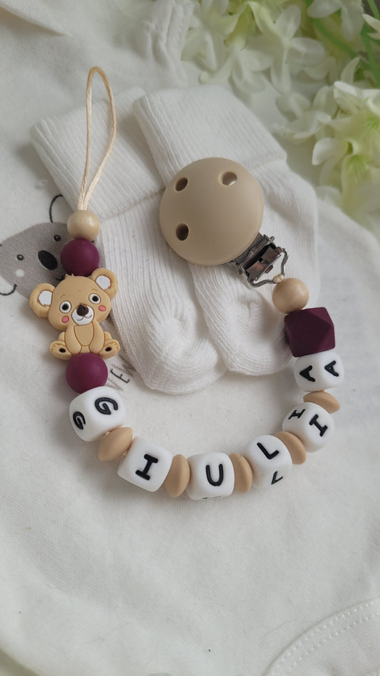 Silikon Schnullerkette beige weinrot mit namen Koala