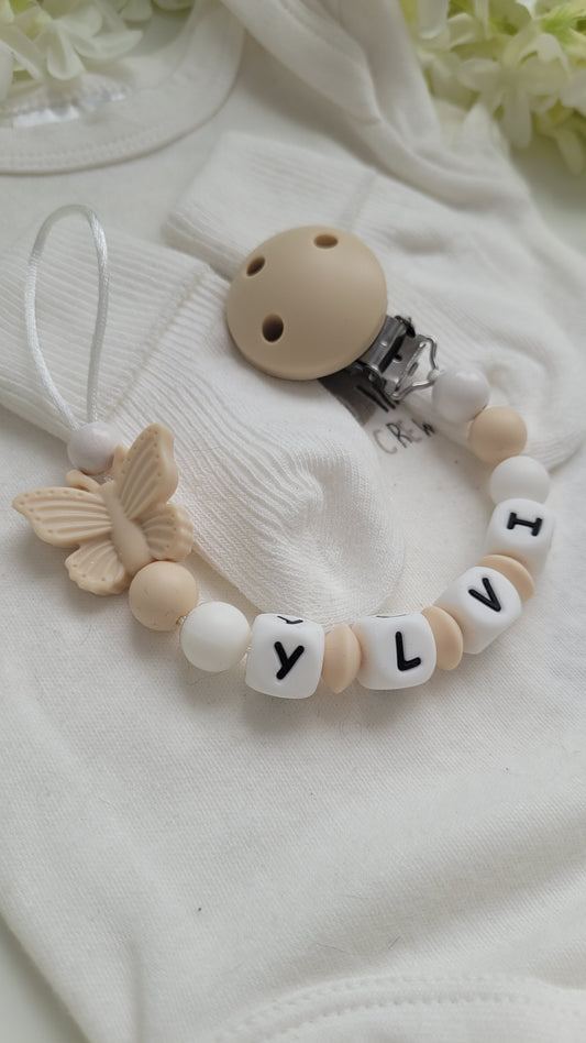 Silikon Schnullerkette mit name Schmetterling beige weiss