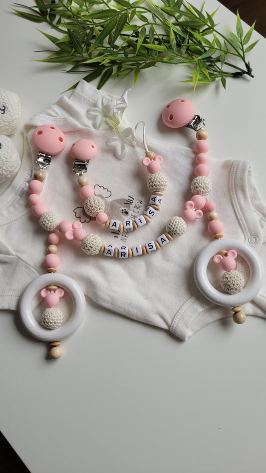 Kinderwagenkette & Schnullerkette Maus apricot  Set mit Spielringen