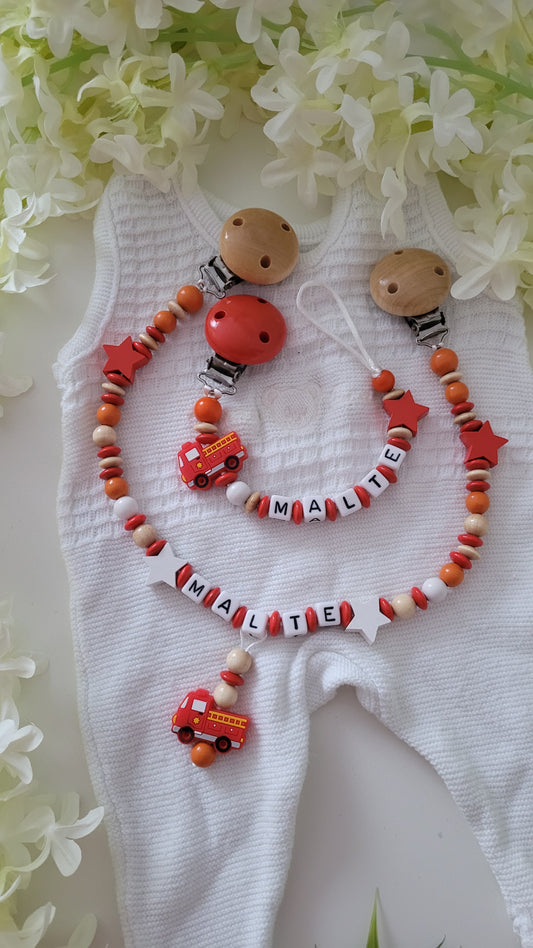 personalisiertes Babyset Feuerwehr holz