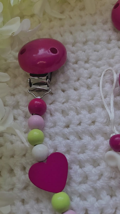 Kinderwagenkette & Schnullerkette mit Namen für Mädchen  Maus pink grün