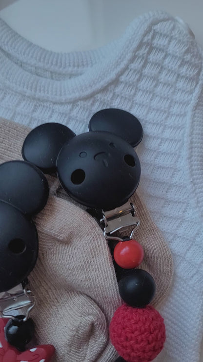 Kinderwagenkette & Schnullerkette mit Namen Mickey rot schwarz