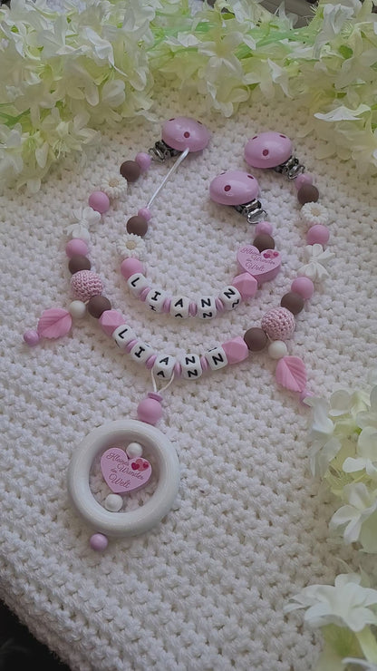 Kinderwagenkette & Schnullerkette mit Namen rosa Kleines Wunder der Welt