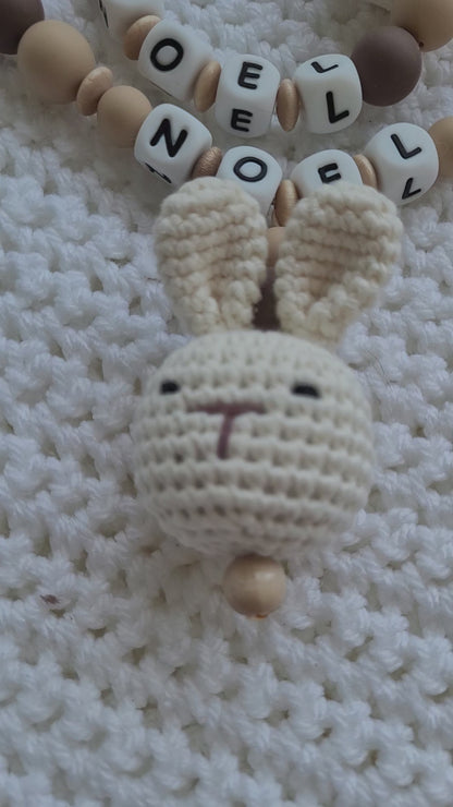 Kinderwagenkette & Schnullerkette Set Baby Hase für Jungen braun beige