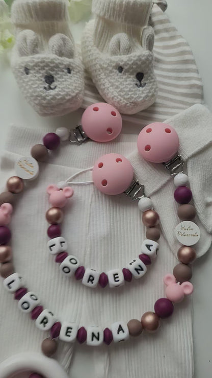 3er Set Kinderwagenkette & Schnullerkette mit Namen + Greifring für Mädchen Maus