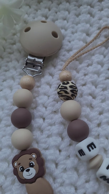 Kinderwagenkette & Schnullerkette Set Baby Löwe beige braun leo