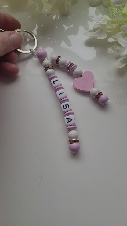 Schlüsselanhänger mit Namen rosa weiss Strass