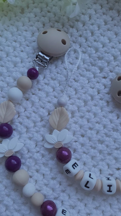 Kinderwagenkette & Schnullerkette Set Baby Rehkitz glänzend pflaume weiss