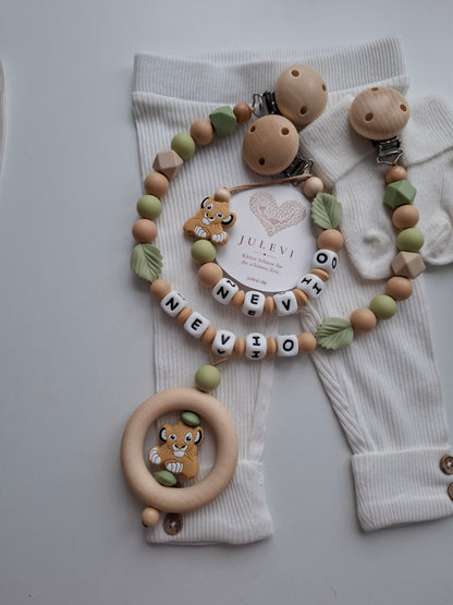 Kinderwagenkette & Schnullerkette Set mit Namen Löwe grün beige Blatt personalisiert