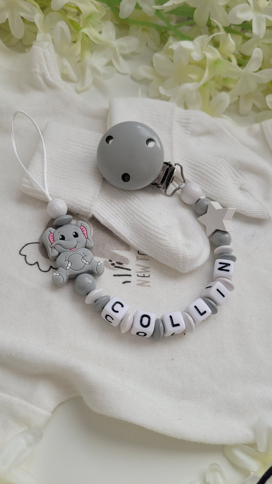 Schnullerkette mit Namen für Jungen Elefant grau weiss