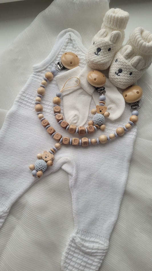 Kinderwagenkette & Schnullerkette mit Namen Teddy holz blau
