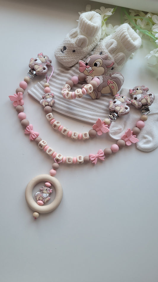 3tlg Set Schnullerkette Kinderwagenkette Beissring Hase Schmetterling apricot taupe