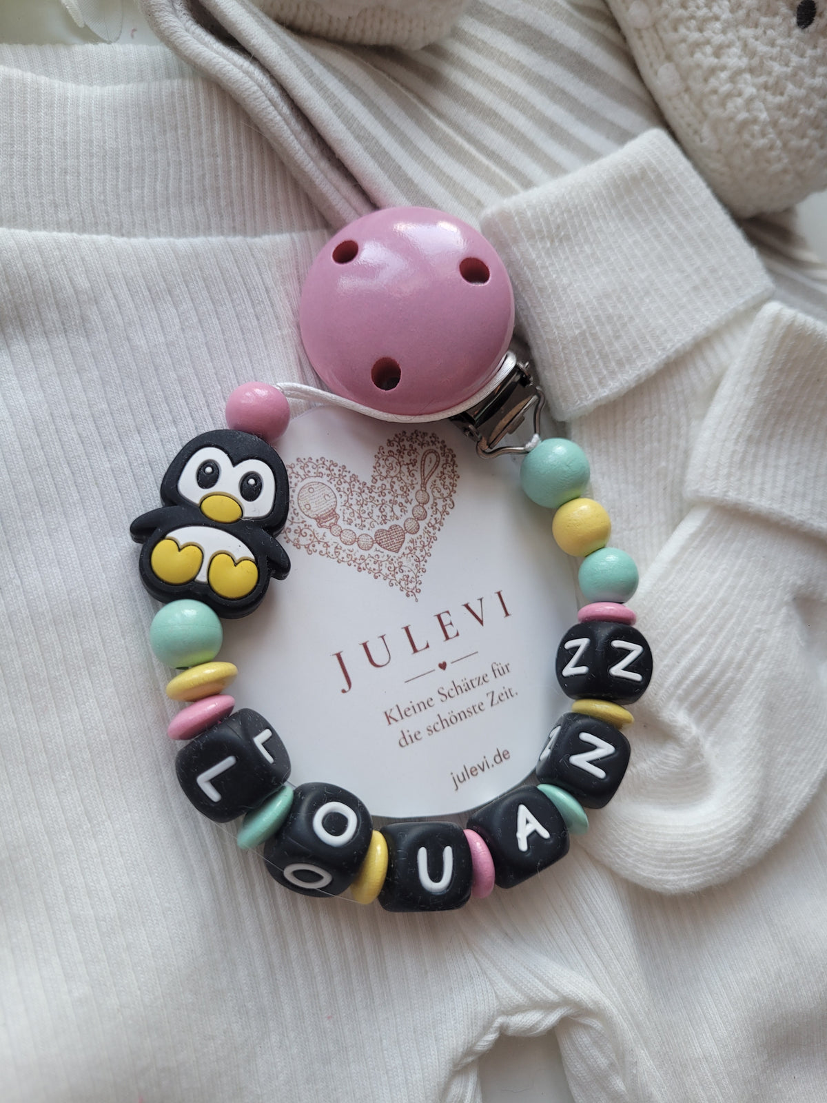 Schnullerkette mit Namen für Mädchen Pinguin pastell rosa mint gelb personalisiert