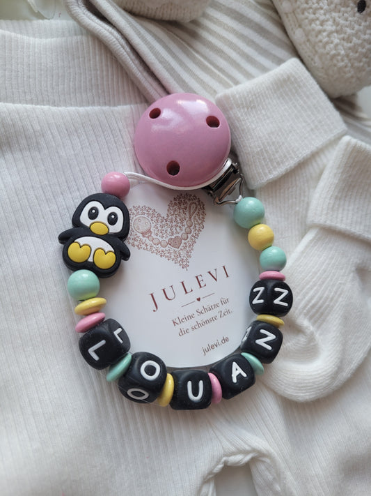 Schnullerkette mit Namen für Mädchen Pinguin pastell rosa mint gelb personalisiert