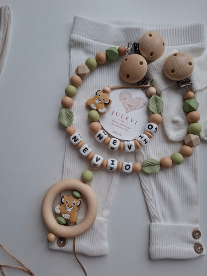Kinderwagenkette & Schnullerkette Set mit Namen Löwe grün beige Blatt personalisiert