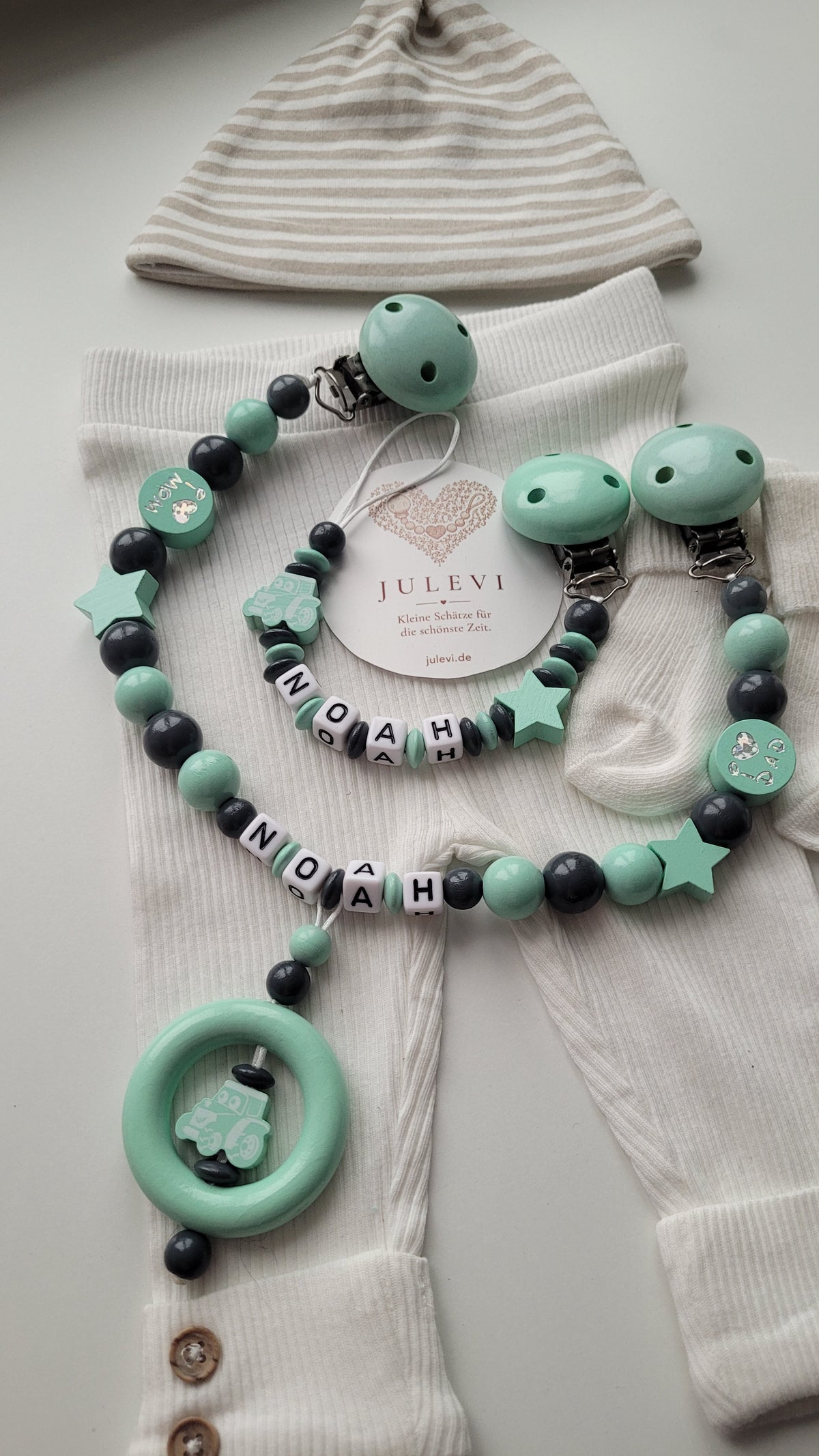 Kinderwagenkette & Schnullerkette Set mit Namen Traktor mint grau| personalisiert