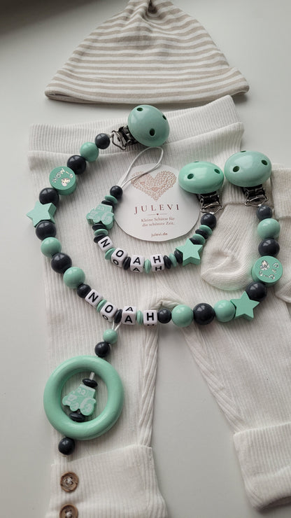 Kinderwagenkette & Schnullerkette Set mit Namen Traktor mint grau| personalisiert