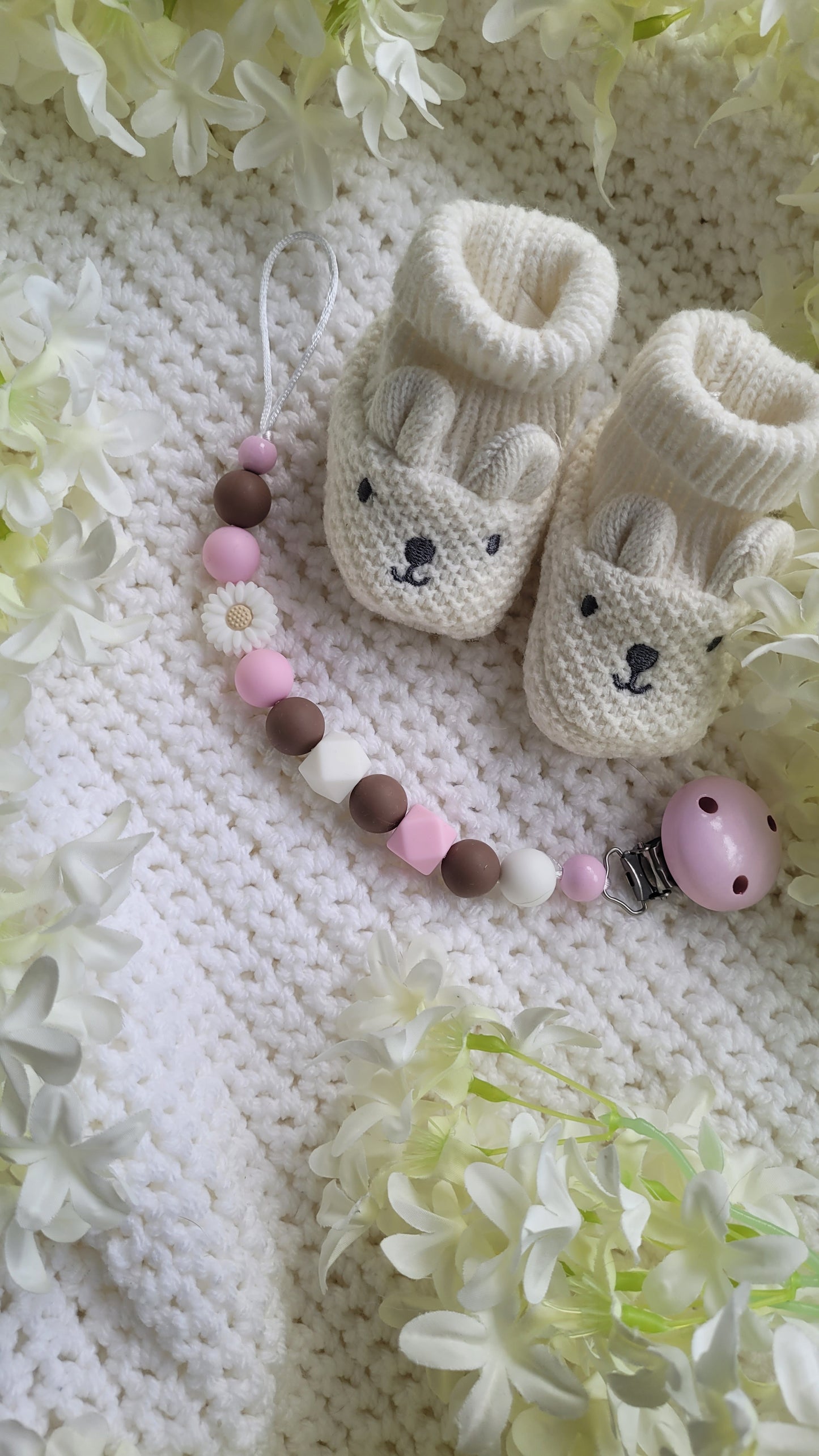 Schnullerkette Blümchen rosa braun