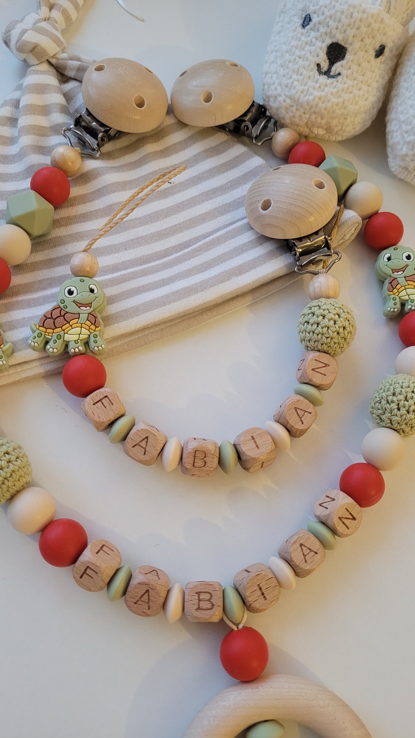 Kinderwagenkette & Schnullerkette Set Baby Schildkröte für Jungen beige rost grün