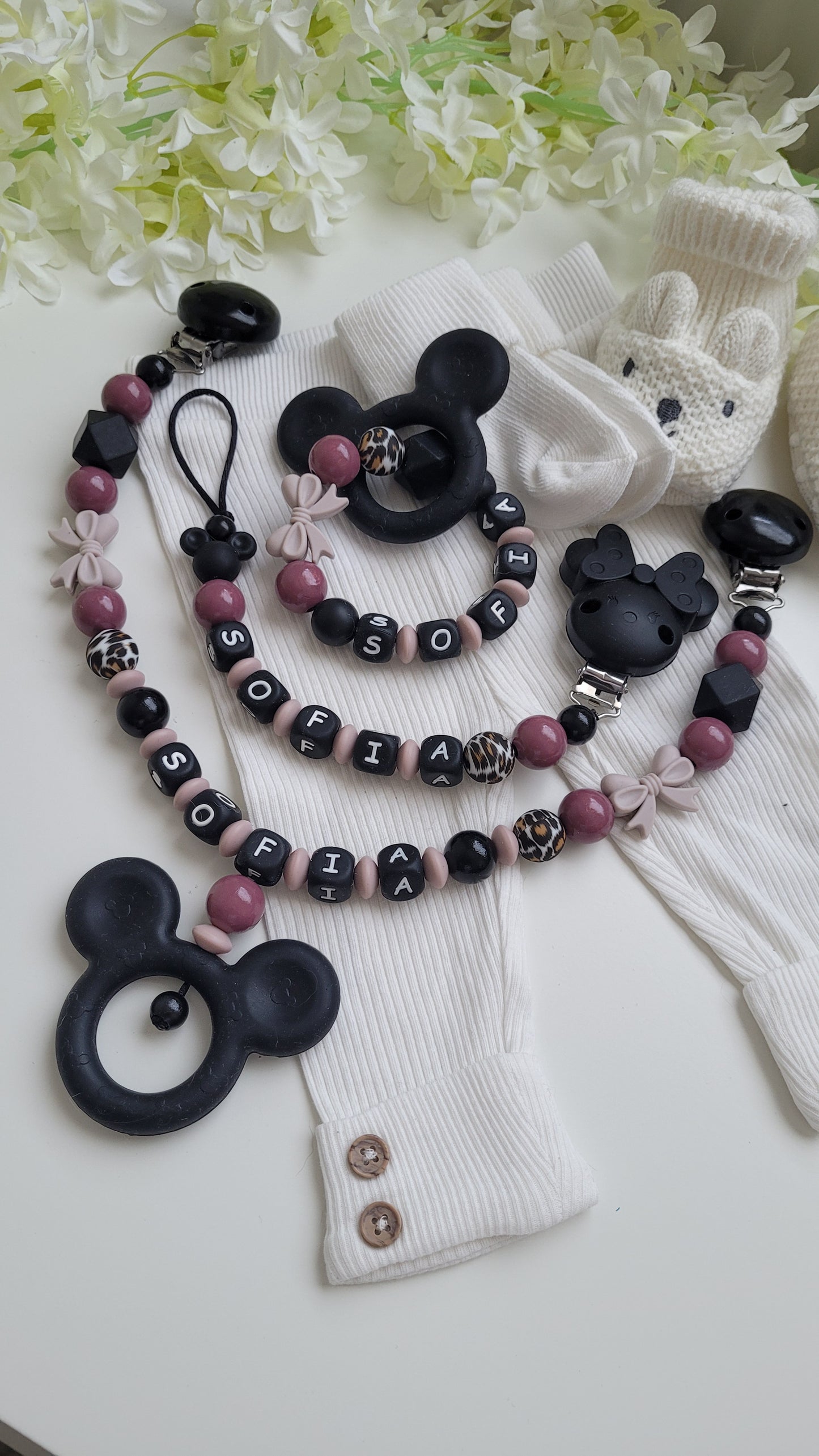 3tlg Set  Maus graurose leo Schnullerkette Kinderwagenkette und Greifring