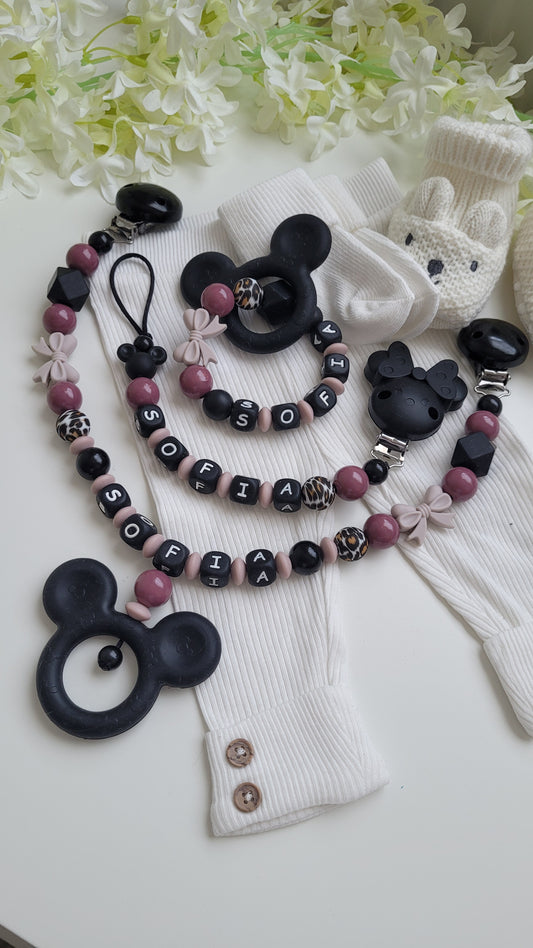 3tlg Set  Maus graurose leo Schnullerkette Kinderwagenkette und Greifring