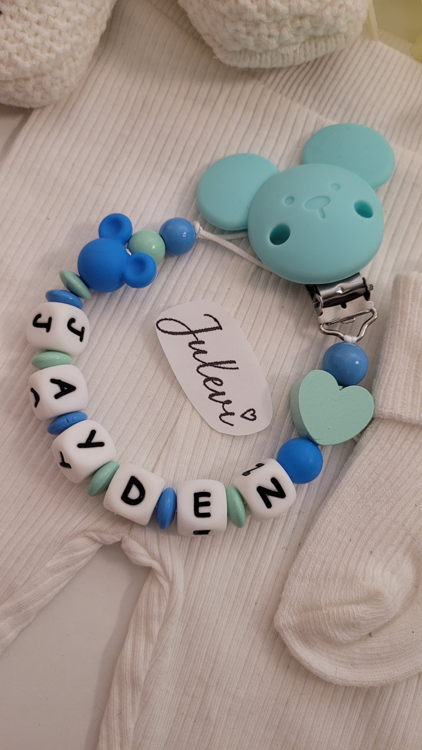 Schnullerkette mit Namen für Jungen Maus blau türkis