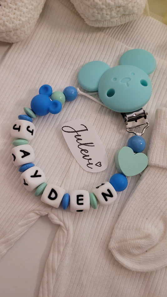 Schnullerkette mit Namen für Jungen Maus blau türkis