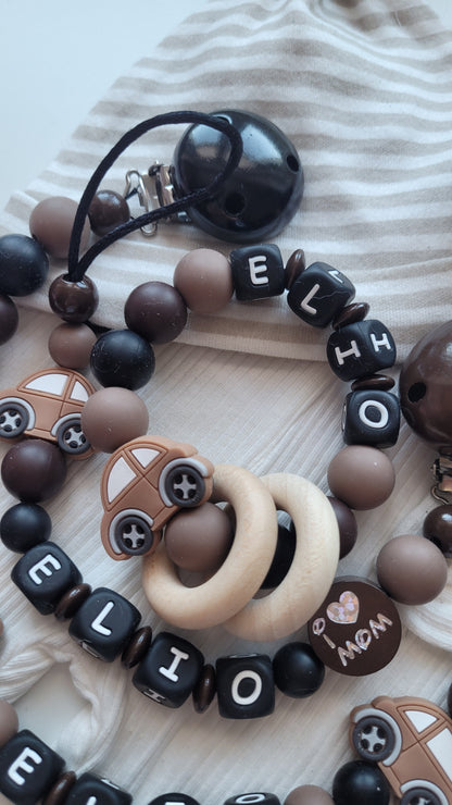 3er Set Schnullerkette Kinderwagenkette & Greifring Auto mit Namen  schwarz braun