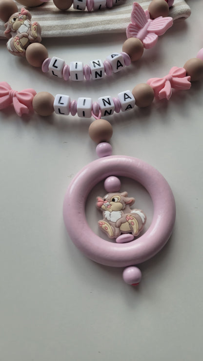 3tlg.Set Schnullerkette Kinderwagenkette & Greifring Hase Schmetterling rosa taupe