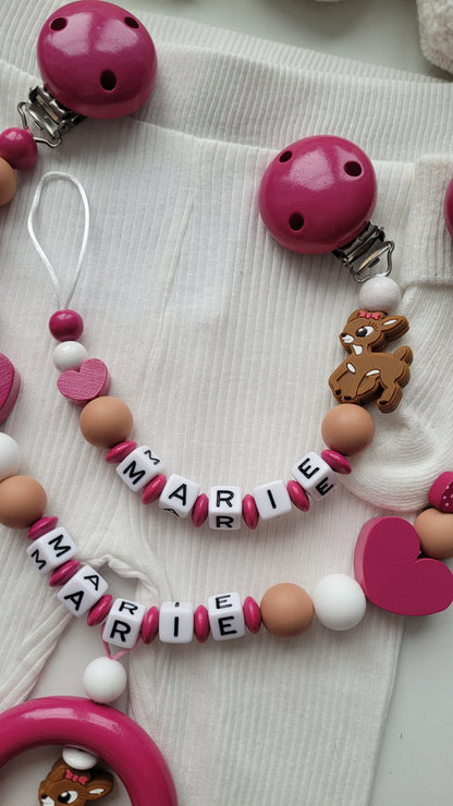 3er Set Schnullerkette Kinderwagenkette & Greifring mit Namen Rehe & Herzen