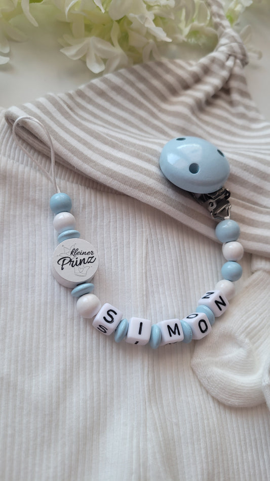 Schnullerkette mit Namen für Jungen Kleiner Prinz blau weiss