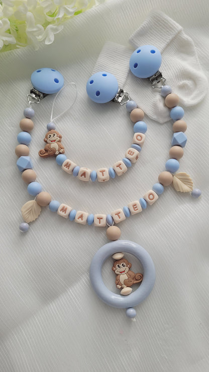 Kinderwagenkette & Schnullerkette mit Namen Äffchen blau beige silikon