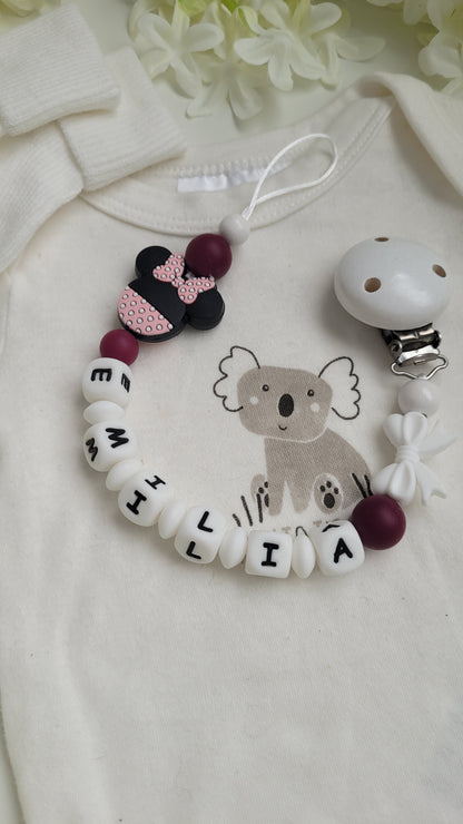 4 tlg Set Mädchentraum! Minnie Maus bordaux Schnullerkette Kinderwagenkette Greifring & Schlüsselanhänger personalisiert