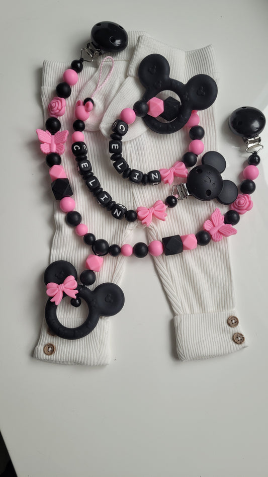 Nur 1x erhältlich 3er Set Kinderwagenkette & Schnullerkette mit Namen + Greifring für Mädchen *Leomaus*  schwarz pink