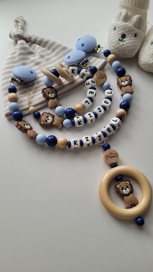 3er Set Schnullerkette Kinderwagenkette Greifling Löwe blau dunkelblau holz