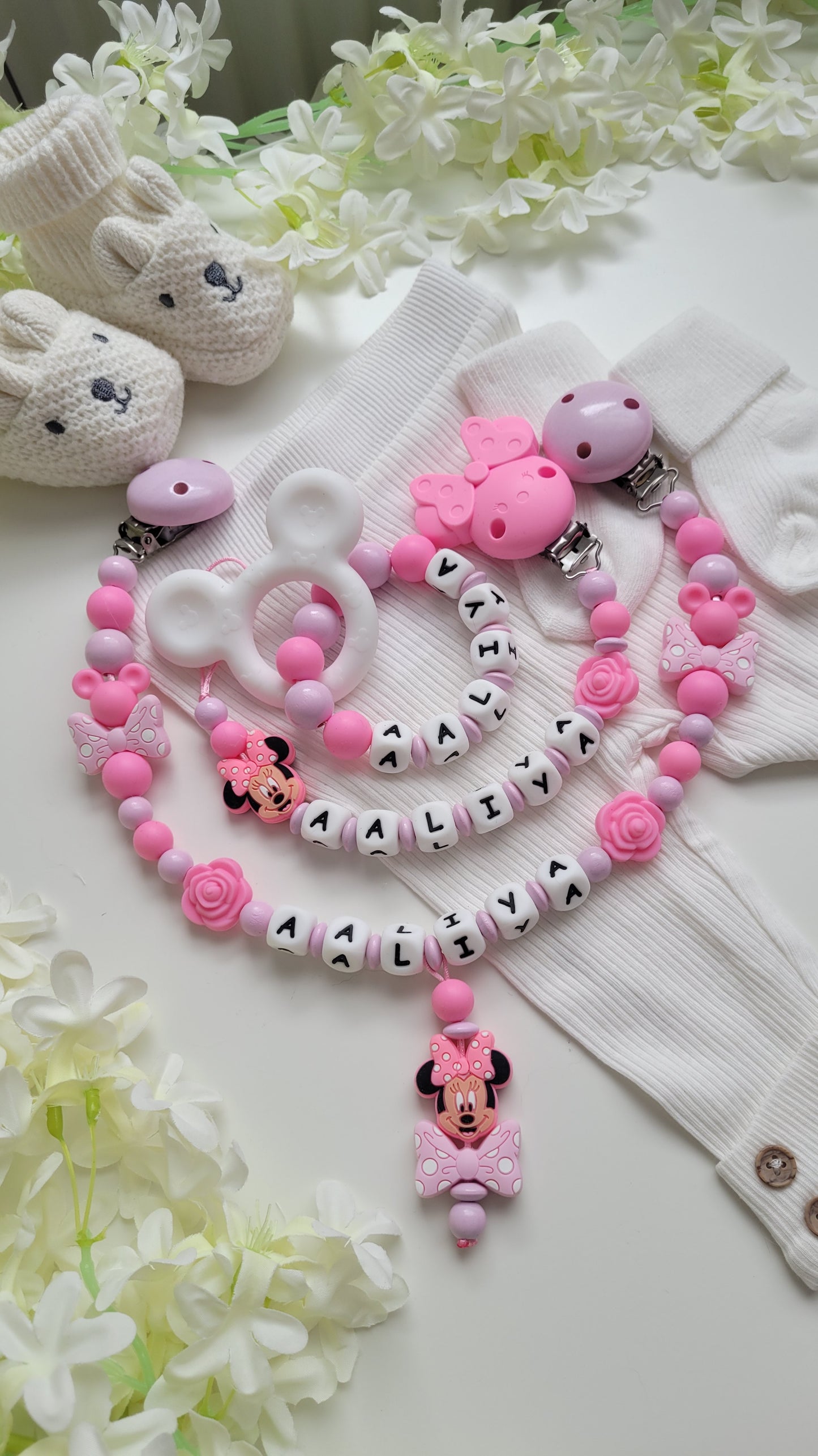 3tlg Set Pink Maus Schnullerkette Kinderwagenkette und Greifring