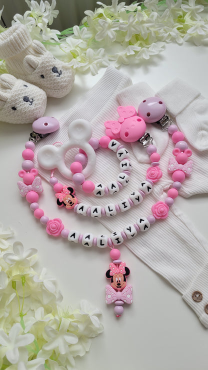 3tlg Set Pink Maus Schnullerkette Kinderwagenkette und Greifring