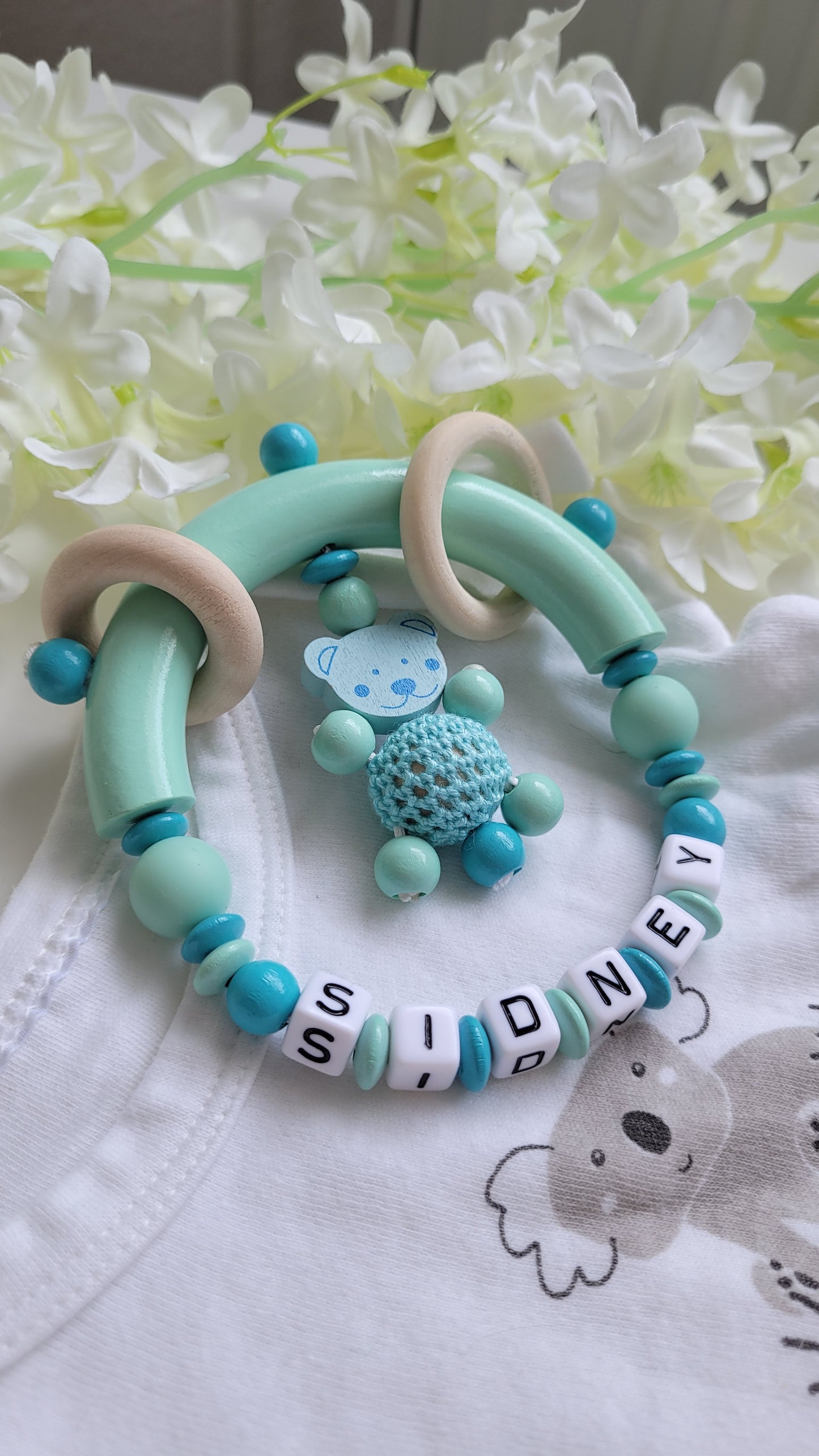 3tlg.Set Schnullerkette Kinderwagenkette & Greifring Teddy türkis