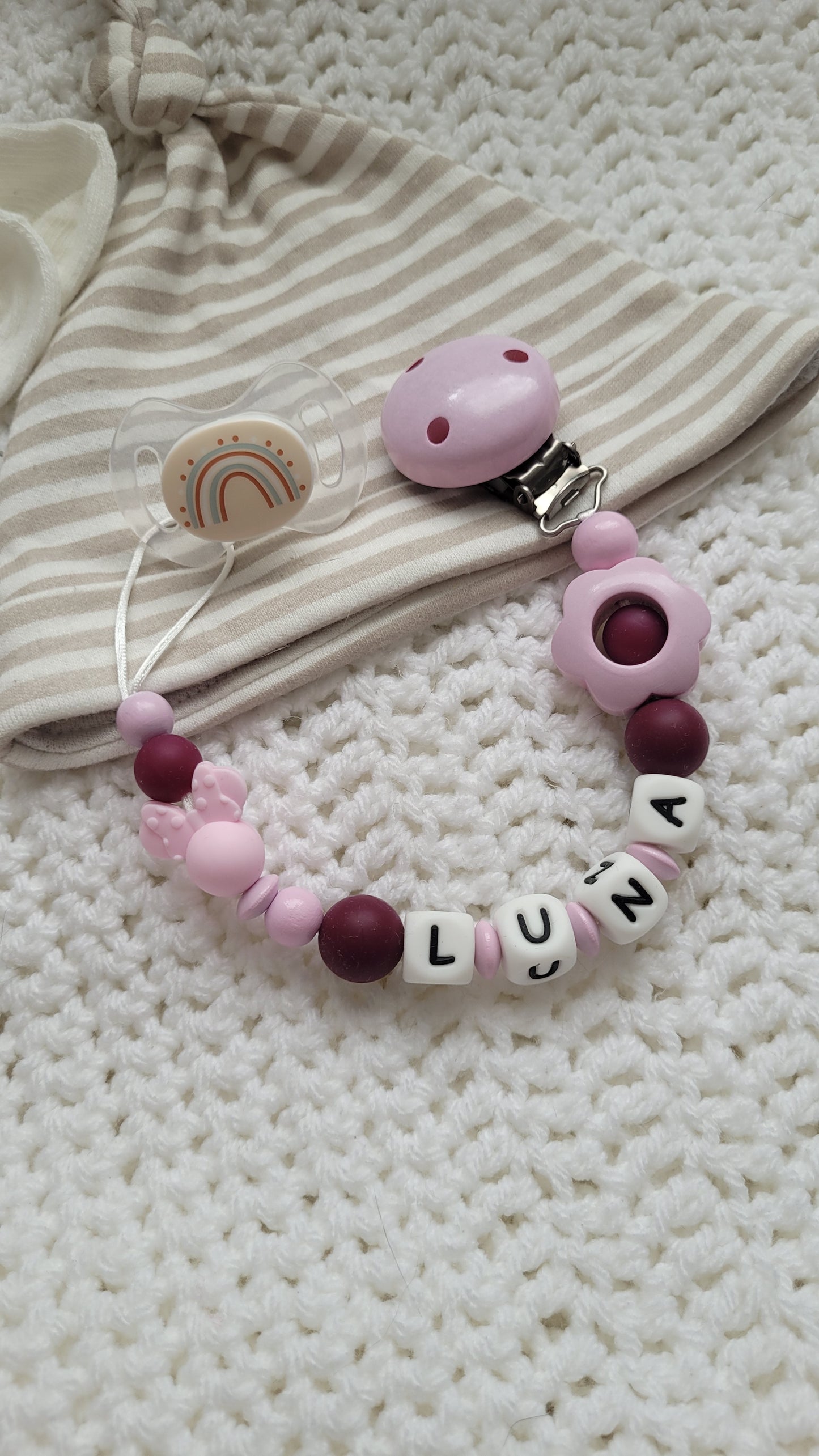 Schnullerkette mit Namen für Mädchen Maus rosa weinrot