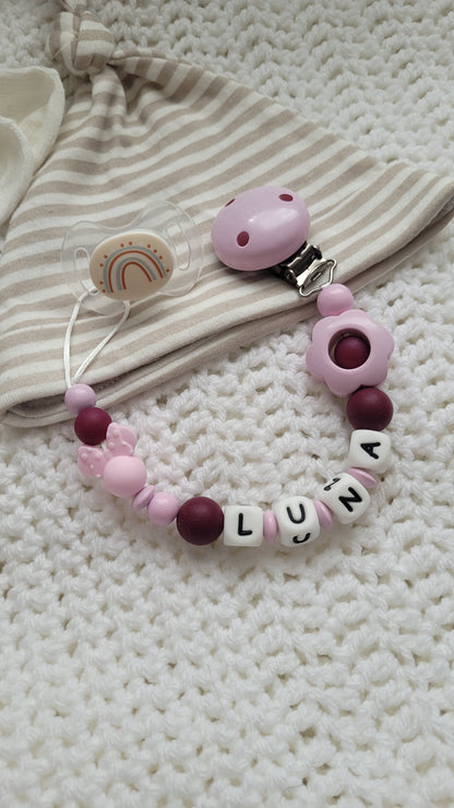 Schnullerkette mit Namen für Mädchen Maus rosa weinrot