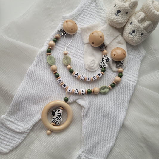 Kinderwagenkette & Schnullerkette Set Baby Zebra holz Salbei grün