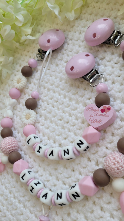 Kinderwagenkette & Schnullerkette mit Namen rosa Kleines Wunder der Welt