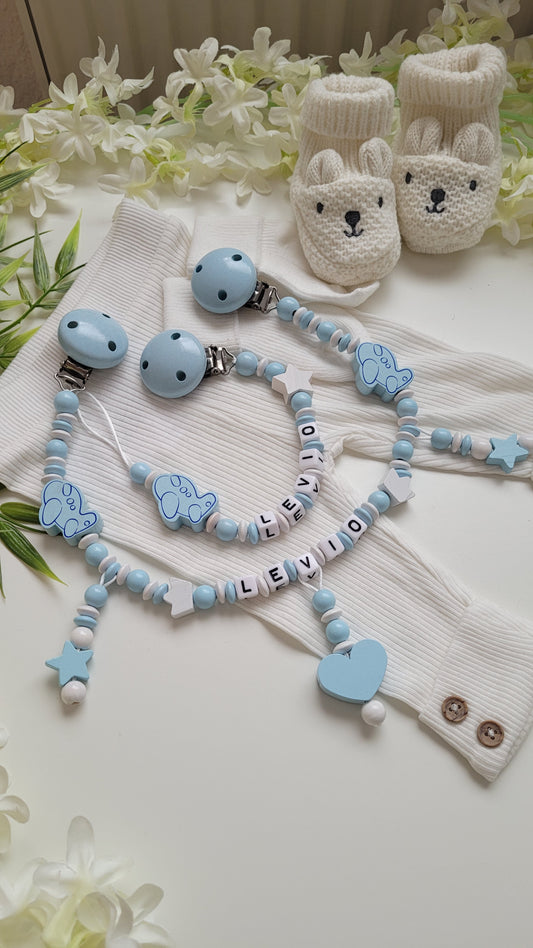 Kinderwagenkette & Schnullerkette mit Namen Flugzeug blau