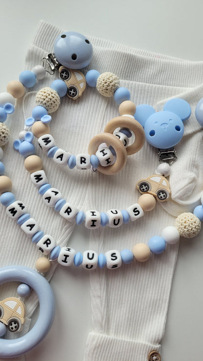 3er Set Schnullerkette Kinderwagenkette & Greifring mit Namen Auto Maus babyblau