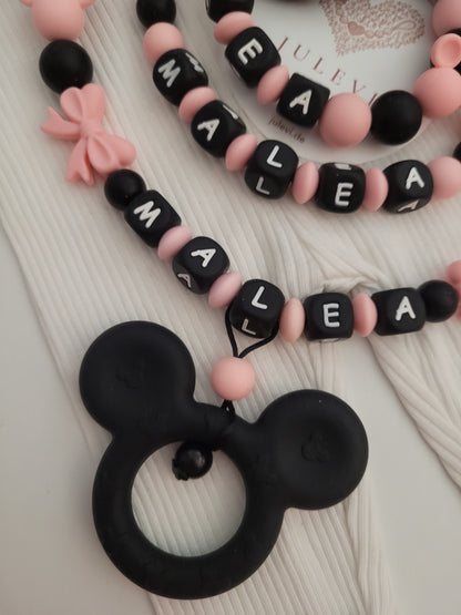 3er Set Schnullerkette, Kinderwagenkette & Greifring mit Namen Maus Rosen Schleifen schwarz peach