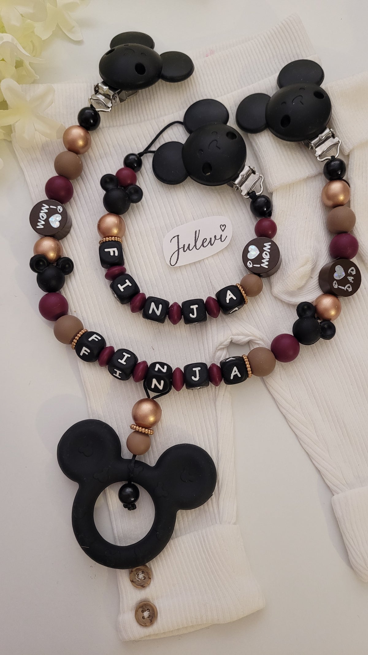 Kinderwagenkette & Schnullerkette mit Namen für Mädchen Maus