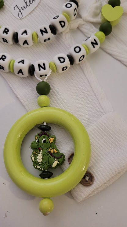 Kinderwagenkette & Schnullerkette mit Namen Drache grün