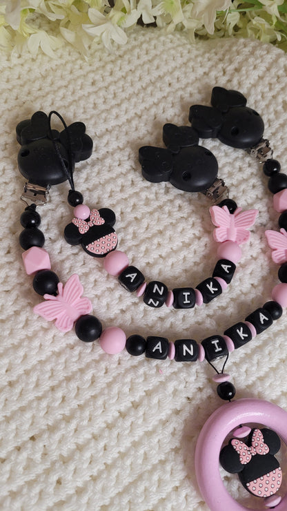 Kinderwagenkette & Schnullerkette mit Namen Minnie Rose Black