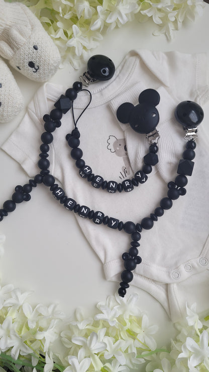 Kinderwagenkette & Schnullerkette mit Namen Maus Black Silikon