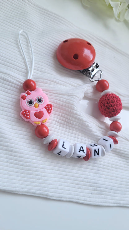 Schnullerkette mit Namen für Mädchen Eule